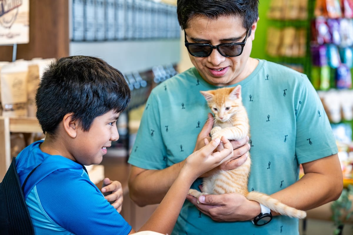 A customer and his son holding a kitten